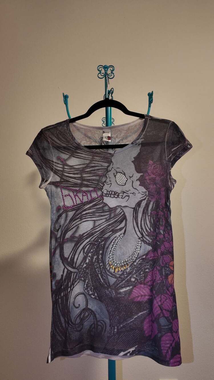 Grail Y2K Gothic Skull & Medusa Rhinestone Graphic Tee Size L